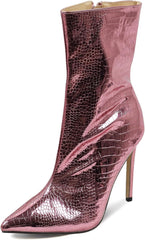 Metallic Pink Stone Pattern Leather Ankle Boots