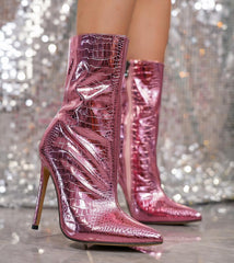 Metallic Pink Stone Pattern Leather Ankle Boots