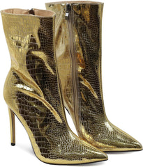 Metallic Gold Stone Pattern Leather Ankle Boots