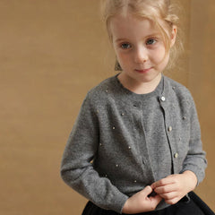 Luxurious Rhinestone Detail Crew Neck Long Sleeve Button Front Girls Knit Cardigan