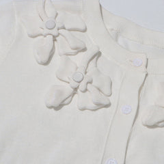 Luxury Rosette Ribbed Knit Crew Neck Button Up Short Sleeve Summer Cardigan