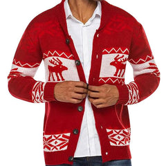 Merry Christmas Fair Isle Reindeer Shawl Collar Button Up Men Knit Cardigan