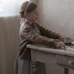 Minimalist Solid Woolen Blend Knit Crew Neck Long Sleeve Button Front Girls Cardigan