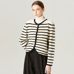 Nautical Crew Neck Button Up Wool Blend Black and Beige Striped Cardigan