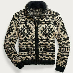 Nordic Fair Isle Jacquard Knit Stand Collar Long Sleeve Zip Up Men Winter Cardigan