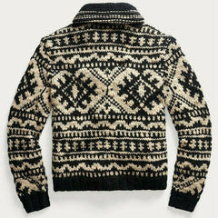 Nordic Fair Isle Jacquard Knit Stand Collar Long Sleeve Zip Up Men Winter Cardigan