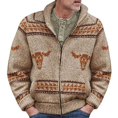 Nordic Fair Isle OX Jacquard Rib Knit Shawl Collar Men Winter Zip Up Cardigan