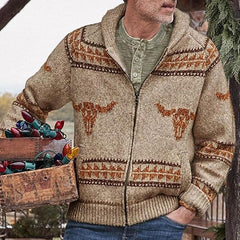 Nordic Fair Isle OX Jacquard Rib Knit Shawl Collar Men Winter Zip Up Cardigan