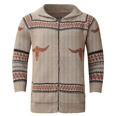 Nordic Fair Isle OX Jacquard Rib Knit Shawl Collar Men Winter Zip Up Cardigan