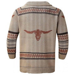 Nordic Fair Isle OX Jacquard Rib Knit Shawl Collar Men Winter Zip Up Cardigan