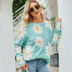 Oversized Crew Neck Sunflower Pointelle Cable Knit Sweater