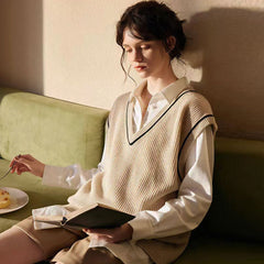 Preppy Cream Contrast Trim V Neck Wool Blend Rib Knit Sweater Vest