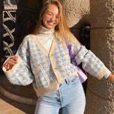 Pretty Baby Blue V Neck Button Up Two Tone Houndstooth Knit Cardigan