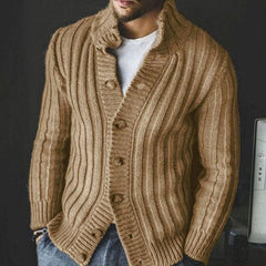 Refine High neck button Up Long Sleeve Men Chunky Rib Knit Cardigan