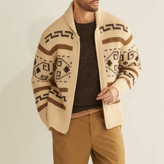 Retro Nordic Fair Isle Ribbed Knit Shawl Collar Winter Men Zip Up Cardigan