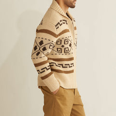 Retro Nordic Fair Isle Ribbed Knit Shawl Collar Winter Men Zip Up Cardigan