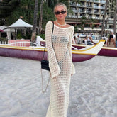 Sexy Round Neck Bell Sleeve Backless Crochet Knit Maxi Dress
