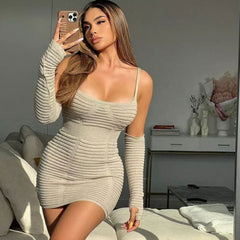 Sexy Scoop Neck Suspender Strap Textured Rib Knit Beige Mini Bodycon Dress
