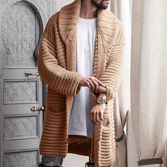 Smart Shawl Collar Pocket Trim Long Sleeve Men Chunky Rib Knit Long Cardigan