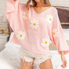 Summer Floral Embroidered Bell Sleeve Oversized Pullover Knit Sweater