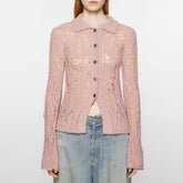 Sweet Collared Button Up Front Slit Open Knit Ladder Distressed Cardigan