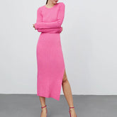 Versatile Crew Neck Long Sleeve Split Sheath Ribbed Knit Sweater Midi Dress