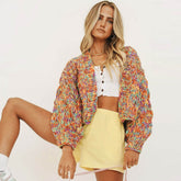 Vintage Balloon Sleeve Rainbow Multicolored Marled Hand Knit Chunky Yarn Cardigan