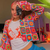 Vintage Cropped Button Up Multicolored Crochet Granny Square Cardigan
