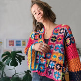 Vintage Cropped V Neck Button Up Multicolored Crochet Granny Square Cardigan