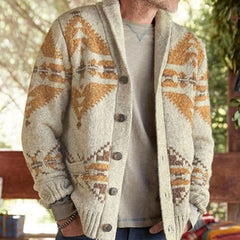 Vintage Nordic Fair Isle Pattern Shawl Collar Winter Men Button Up Cardigan