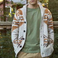 Vintage Nordic Fair Isle Pattern Shawl Collar Winter Men Button Up Cardigan