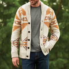 Vintage Nordic Fair Isle Pattern Shawl Collar Winter Men Button Up Cardigan