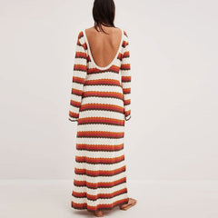 Vintage Scalloped Open Back Bell Sleeve Striped Crochet Knit Maxi Dress