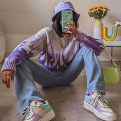 Vintage Style Purple Crew Neck Flame Print Oversized Pullover Sweater