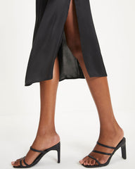 Everly Mine Matte Satin Side Slit Midi Skirt - Black