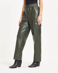 Explore The World Faux Leather Cargo Pants - Dark Olive