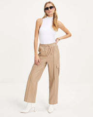Explore The World Faux Leather Cargo Pants - Beige