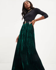 Claire Velvet Pleated Maxi Skirt - Pine