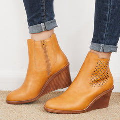 Hollow Ankle Boots Closed Toe Stacked Wedge Heel Booties