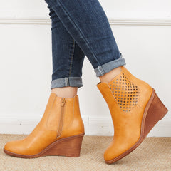 Hollow Ankle Boots Closed Toe Stacked Wedge Heel Booties