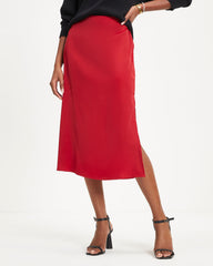 Everly Mine Matte Satin Side Slit Midi Skirt - Red