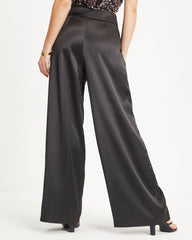 Ellis Satin Pocketed Wide Leg Pants - Black