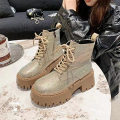 Checkerboard Pattern Lace Up Chunky Sole Boots