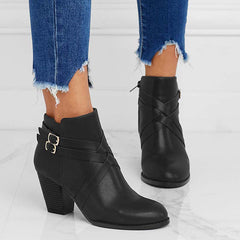 Crisscross Buckle Chunky Heel Ankle Boots Side Zipper Booties