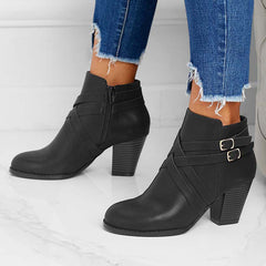 Crisscross Buckle Chunky Heel Ankle Boots Side Zipper Booties