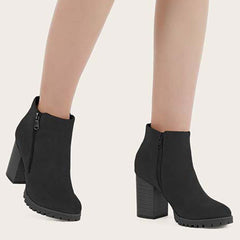 Black Chunky Heel Booties Round Toe Side Zip Ankle Boots