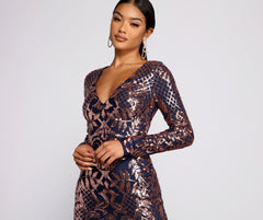 Ayla Formal Long Sleeve Sequin Scroll Dress