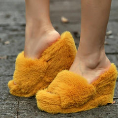 Chic Fur Platform Wedge Slippers
