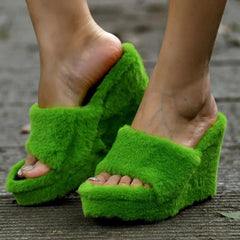 Chic Fur Platform Wedge Slippers