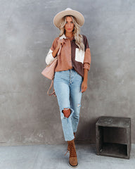 Blithe Faux Suede Colorblock Button Down Top